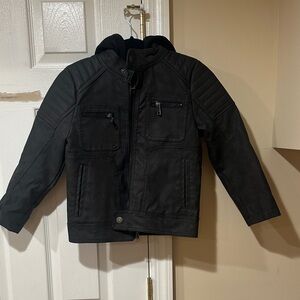 Kids Black Faux Leather Jacket with Hood